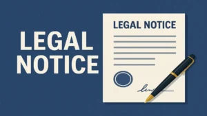 High-quality featured image showing legal notice document, law book, and pen representing the legal notice meaning, format, and process in India for 2025