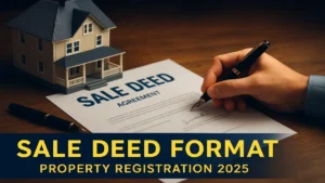 A hand signing a sale deed agreement with a house model on the table representing property registration 2025.