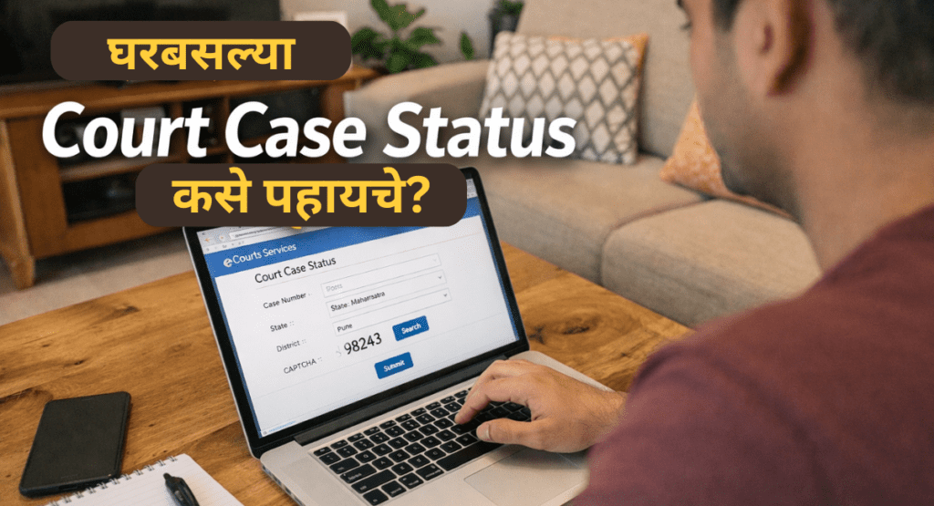 मोबाईल किंवा लॅपटॉपवरून घरबसल्या court case status ऑनलाइन तपासत असलेली व्यक्ती आणि न्यायालयाशी संबंधित चिन्हे दर्शविणारी माहितीपूर्ण प्रतिमा