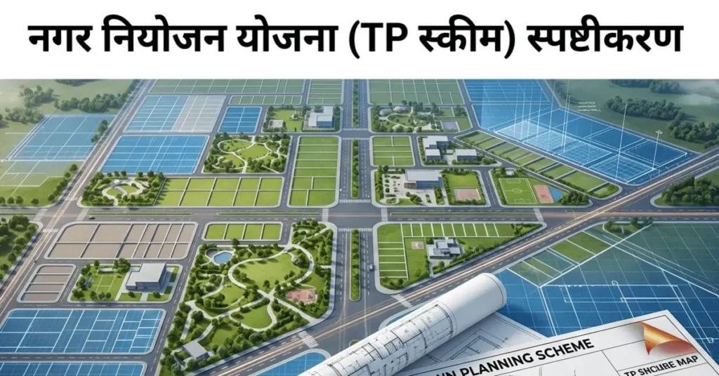 A high-angle 3D architectural rendering of a modern urban town planning layout with blue-printed plots, green parks, and roads, featuring a "Government Approved" TP Scheme map in the foreground.