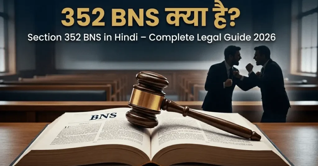 An educational graphic showing a courtroom setting with an open law book titled BNS and a judge's gavel in the foreground, with silhouettes of two people arguing in the background.