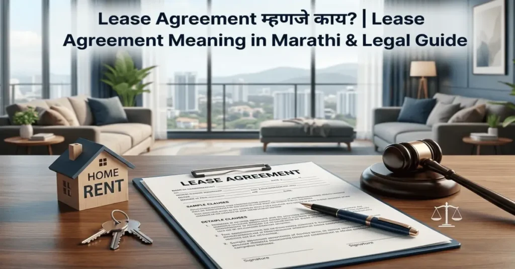 A digital illustration of a professional desk featuring a "Lease Agreement" document, a pen, house keys, a small model home labeled "HOME RENT," and a judge's gavel, with a modern apartment interior in the background.