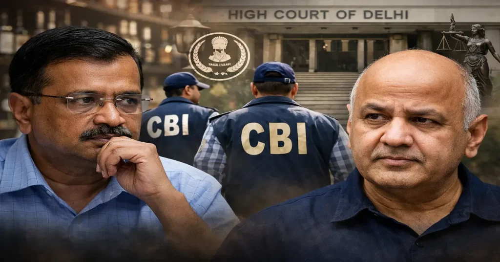 Delhi Liquor Policy case related image showing Arvind Kejriwal, Manish Sisodia and CBI investigation context