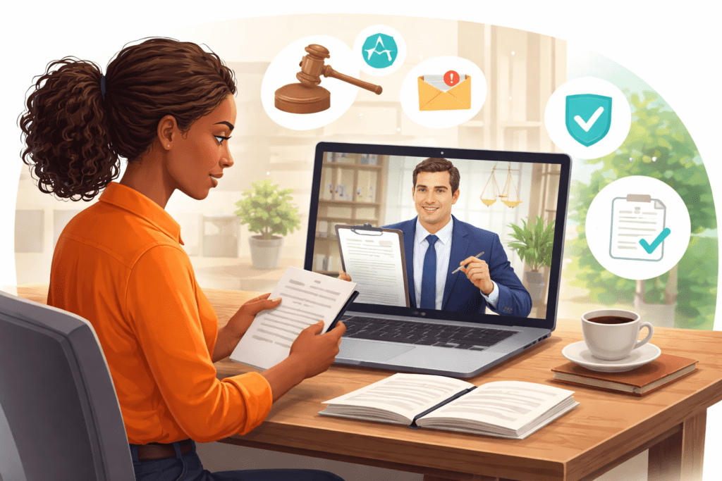 Online lawyer consultant helping with legal notice through video consultation